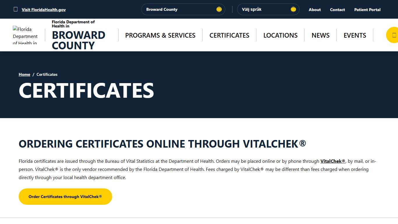 Certificates - Florida Department of Health in Broward County